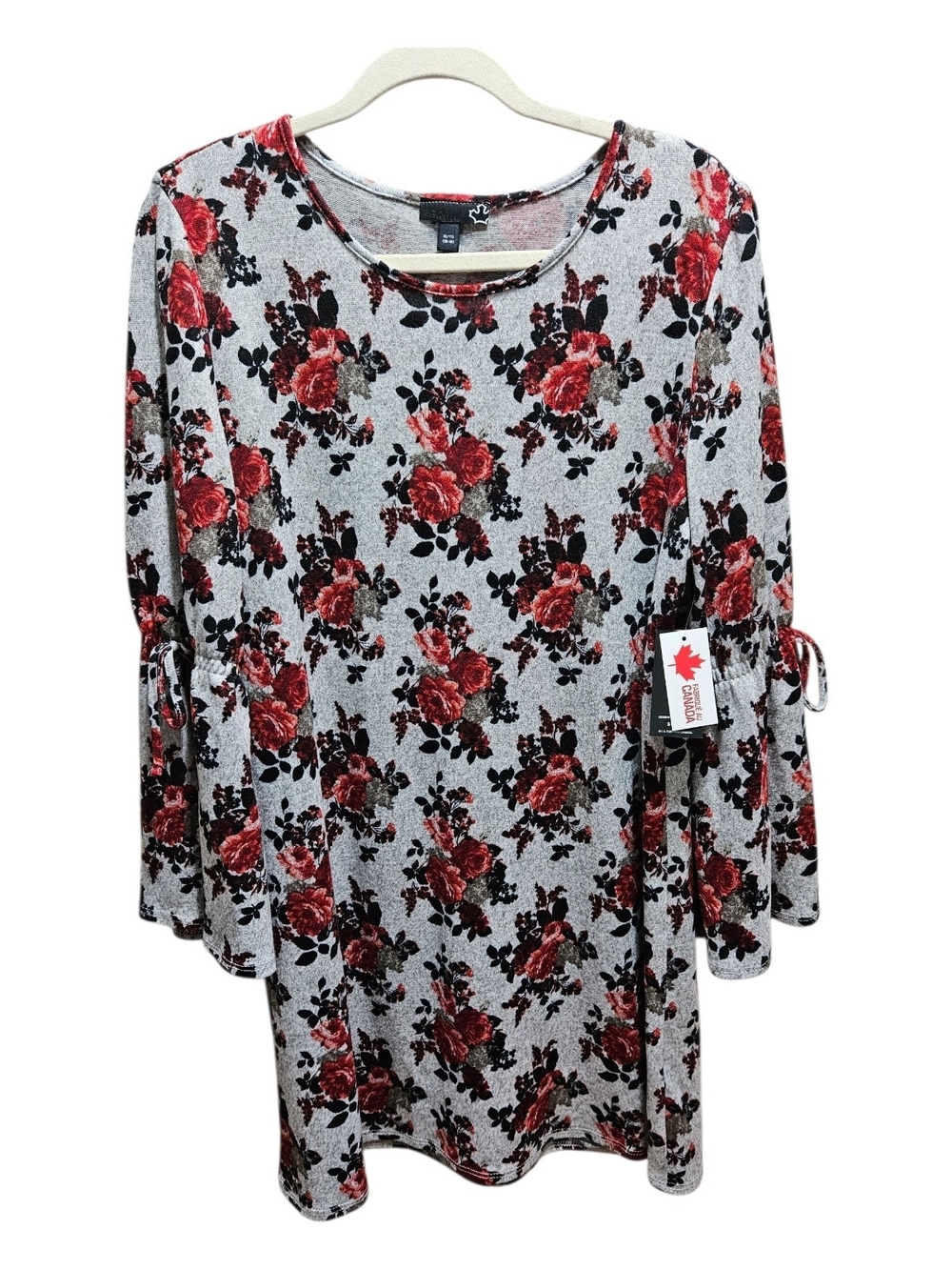 NWT Deadstock Sears Canada Floral Bell Sleeve A-Line Tunic Dress Grey Red XL - Picture 2 of 12